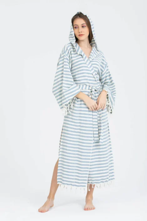 Hooded Turkish Peshtemal Bathrobe - Sky Blue & White Stripe