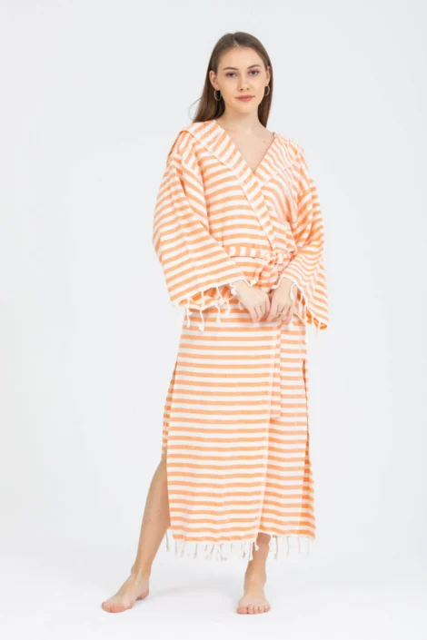 Hooded Turkish Peshtemal Bathrobe - Vibrant Orange & White Stripe
