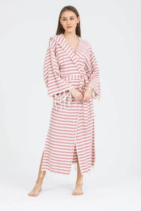 Hooded Turkish Peshtemal Bathrobe - Dusty Rose & White Stripe