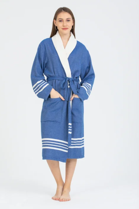 Luxury Turkish Terry Cotton Bathrobe - Royal Blue & White Stripe