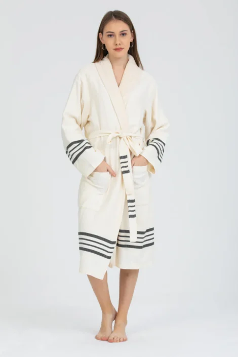 Luxury Turkish Terry Cotton Bathrobe - Cream & Black Stripe