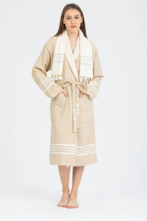 Luxury Turkish Terry Cotton Bathrobe - Natural Beige & White Stripe